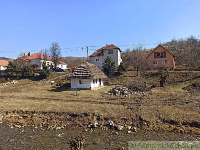 Family houses in Nová Sedlica, grassy area and a small stream in the foreground.