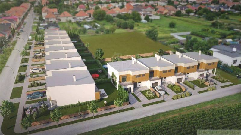 Row housing of family houses in Nové Zámky with parking and garden areas.