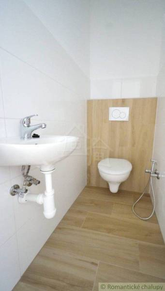 WC with a sink and a wood-paneled wall in a family house.