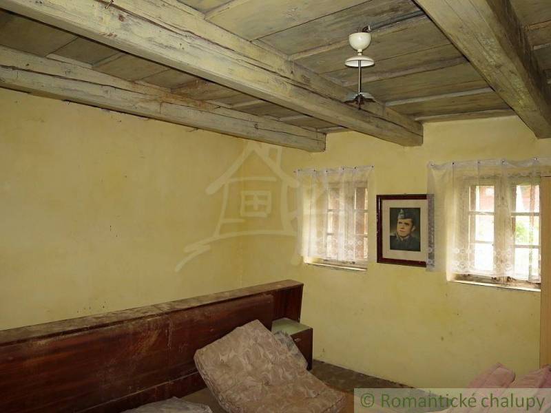 A room in a family house with a wooden ceiling, a sofa, and a portrait on the wall.