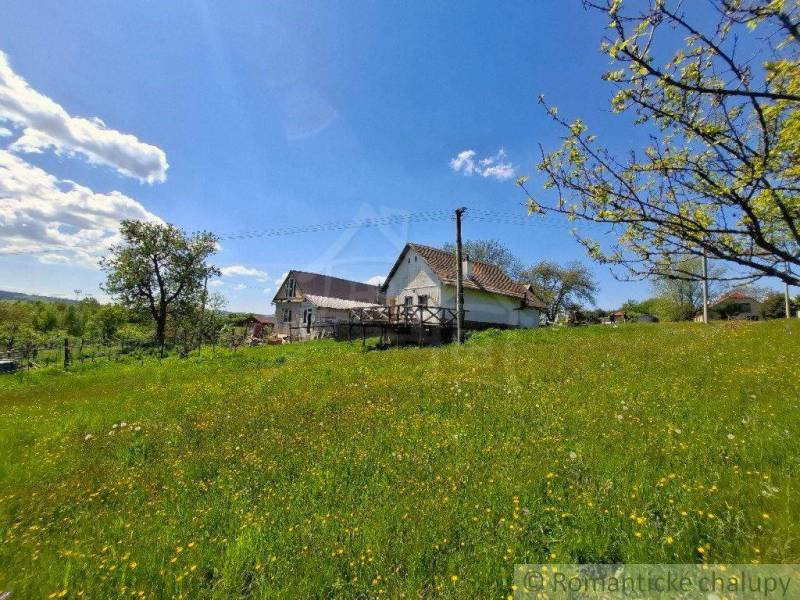 A cottage in Podkriváni surrounded by a green meadow and trees under a blue sky.