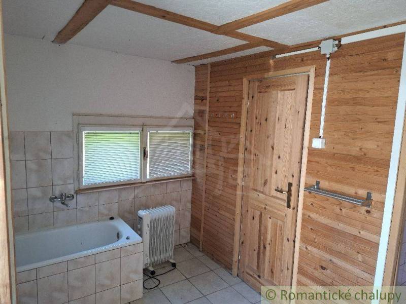 A bathroom in a cabin with wooden paneling, a bathtub, and a radiator.