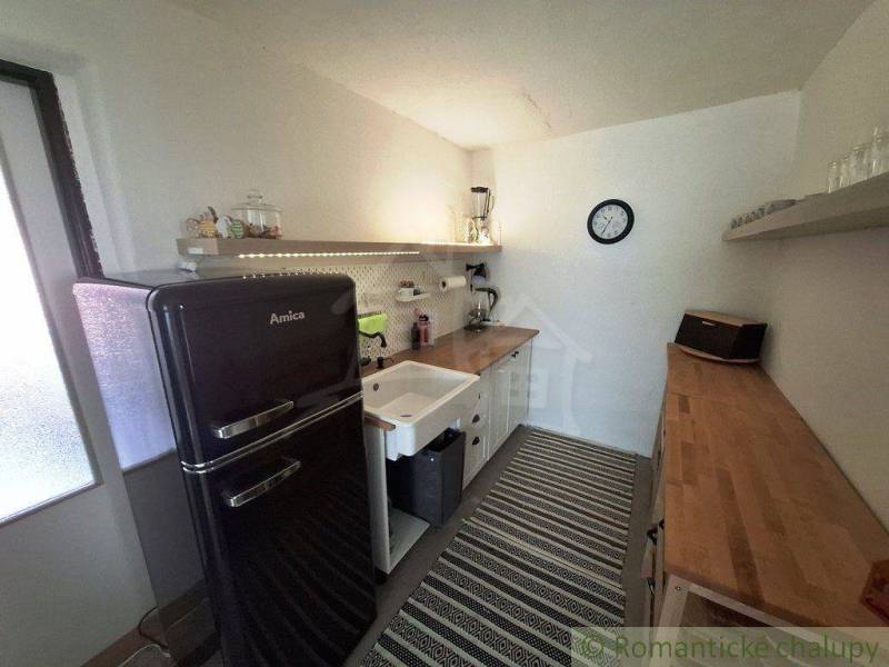 A kitchen with a refrigerator, wooden counters, and a decorative rug in a family house.