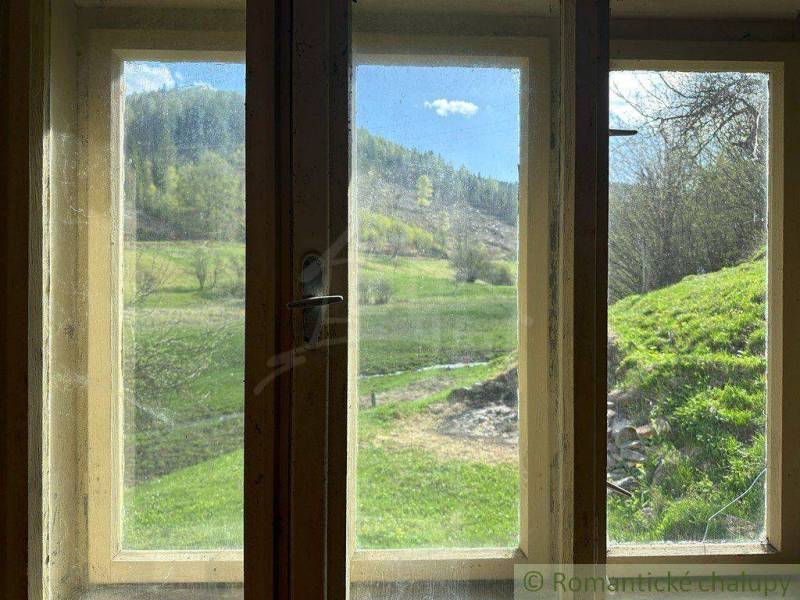 The view from the cottage window onto green pastures, a family house, nature, spring.
