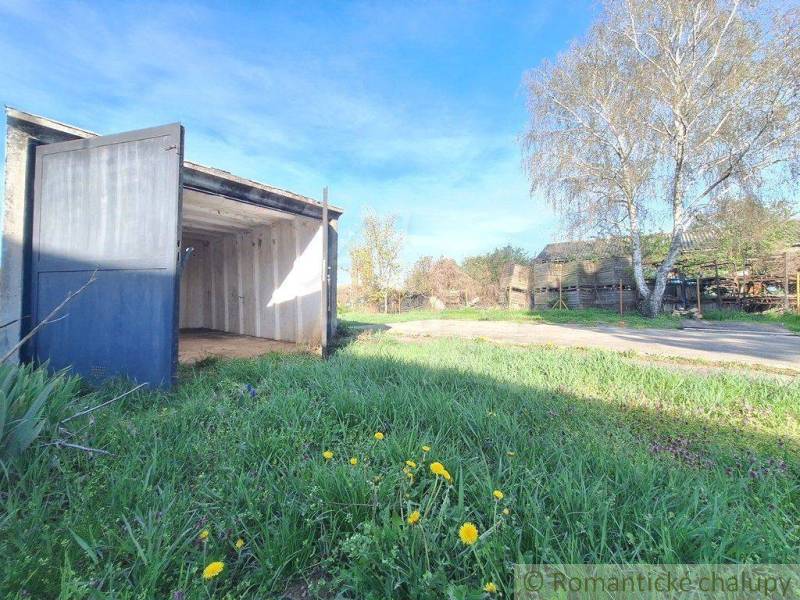 An open garage at a country house, grassy plot with yellow dandelions.