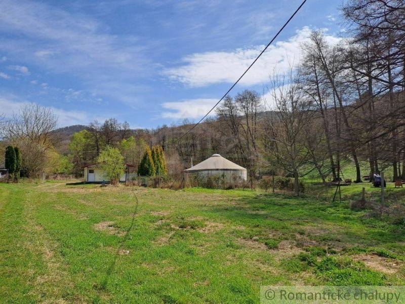 Grass in the countryside with a cottage and beautiful nature in the background, peaceful atmosphere.
