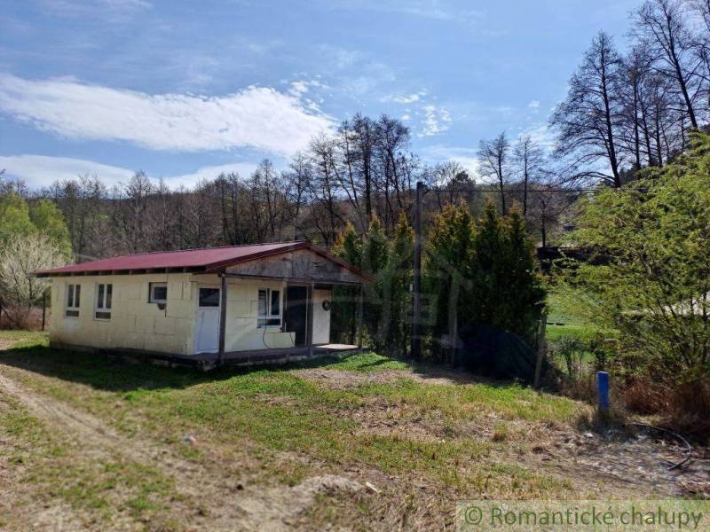 A small cottage in nature, surrounded by trees, blue sky, and grassy area.