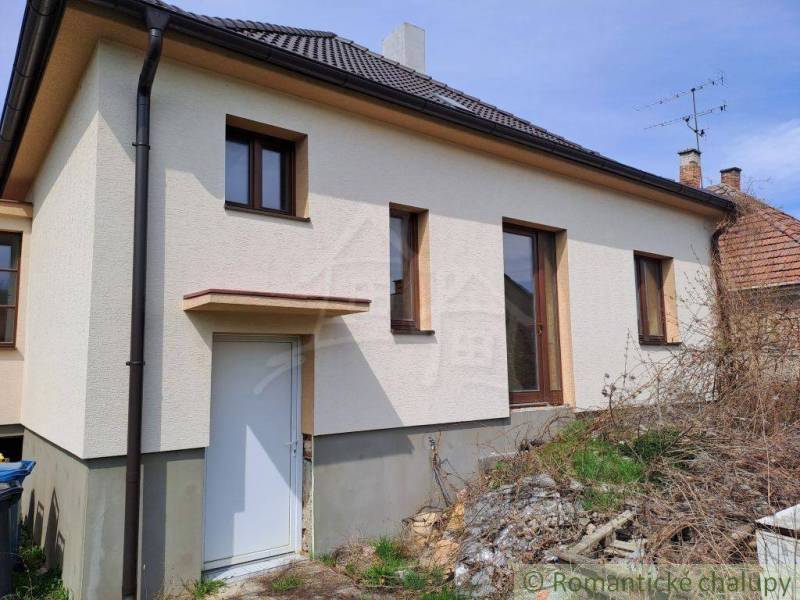 Family house with a sloped roof, plastic windows, yard with an unkempt garden.