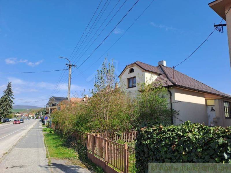 A family house with a brown roof and fence, an adjacent street lined with greenery and trees.