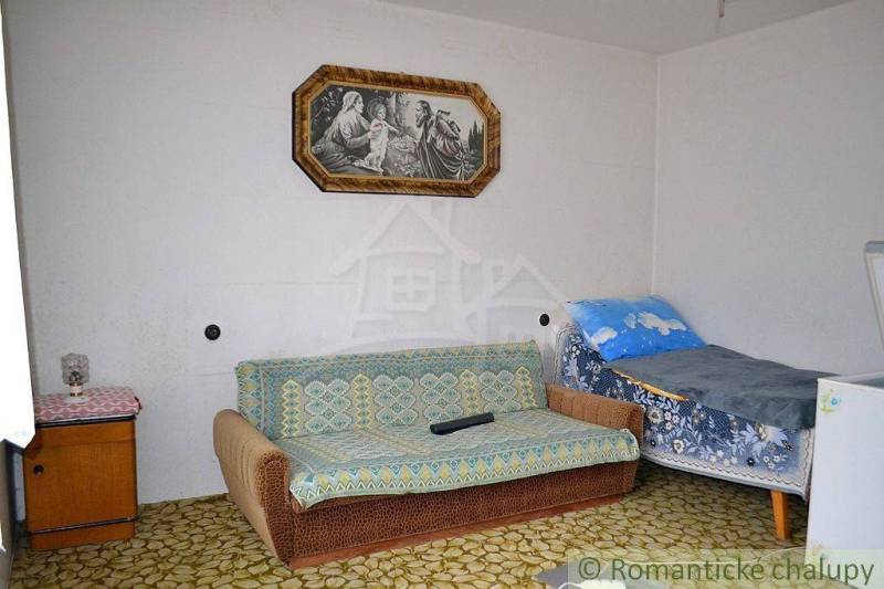 The interior of a family house with a sofa, bed, and historical painting on a white wall.
