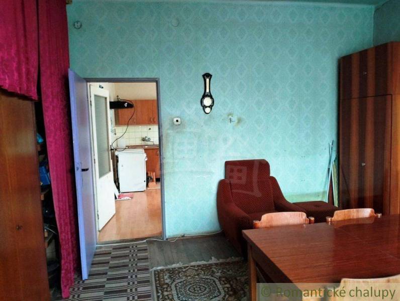 Living room in a family house, retro furniture, carpet, armchair, and entrance to the kitchen.