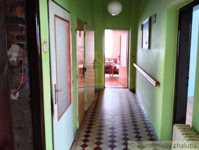 A hallway with green walls and patterned tiles in a family house leads to the living room.