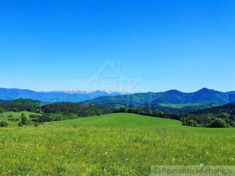 A vast green meadow in a rural landscape, surrounded by mountains and a clear blue sky.