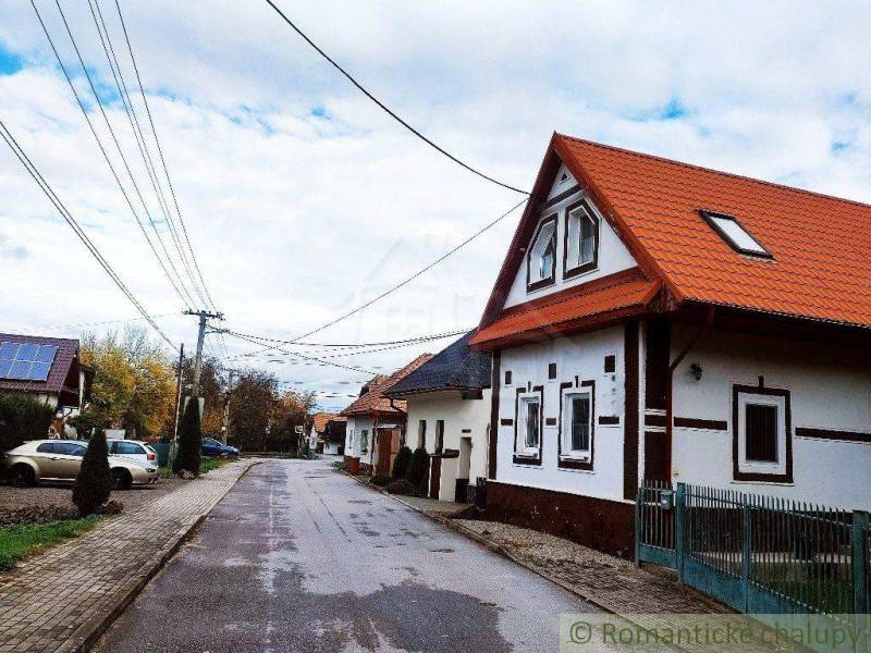 A rural street with a family house, red roof, sidewalk, blue fences, trees in autumn.