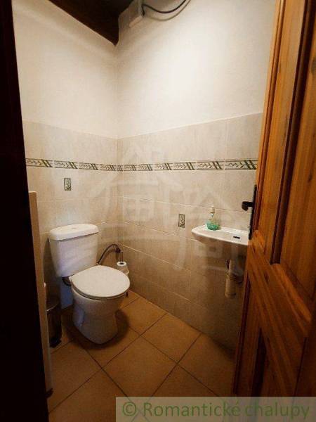A small bathroom in a family house with ceramic tiles, a toilet, and a sink.