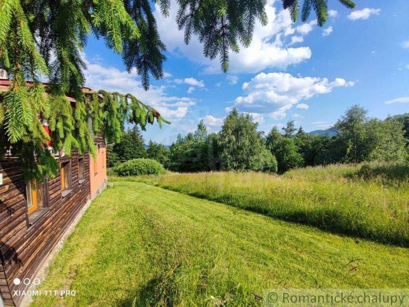 A family house next to a blooming meadow with a view of trees and a blue sky.