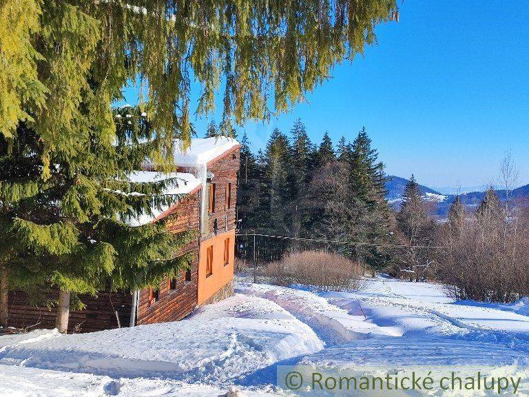 A snow-covered cottage in the middle of the forest with a view of the mountains and a family house.