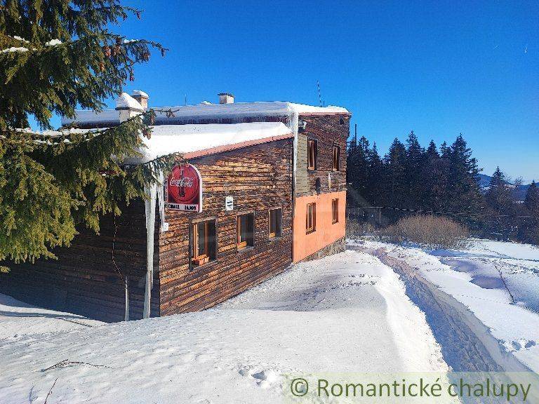 A snow-covered cottage surrounded by a forest, with a snowy scenery and a family house nearby.