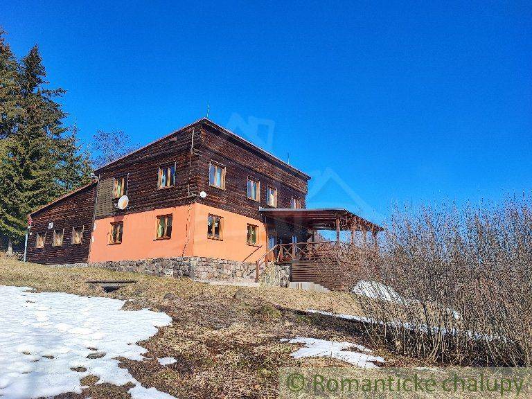 A large family house surrounded by nature, snow, clear skies, and trees.
