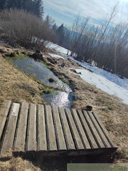 A wooden bridge over a stream, surrounded by a snowy mountain meadow and forest.