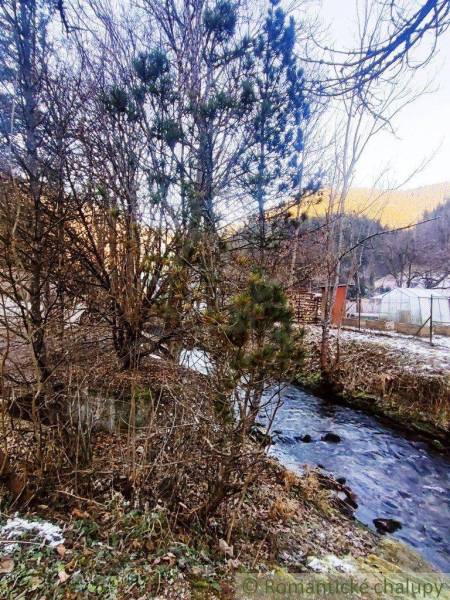 A stream flowing by houses in the mountains, surrounded by trees, winter in nature.