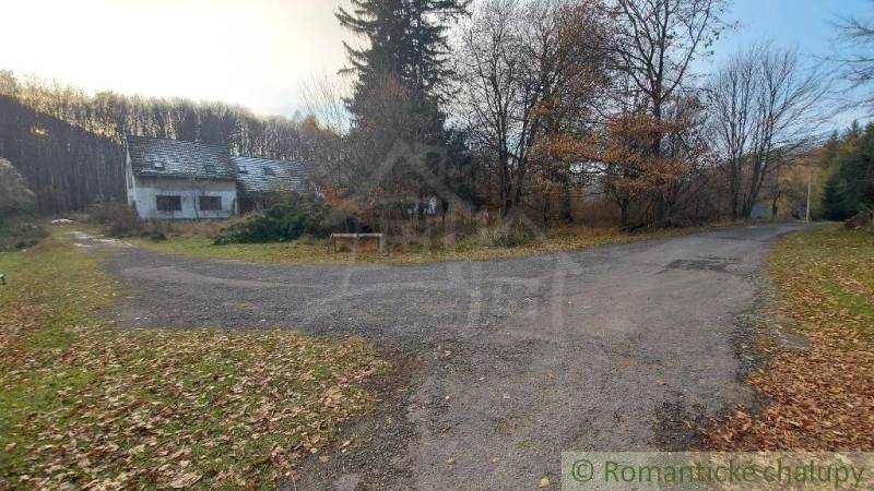 A path in front of an abandoned family house, surrounded by trees near a forest in autumn colors.