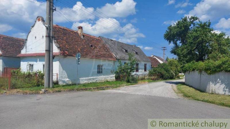 The picture shows a village family house with a red roof and nature around it.