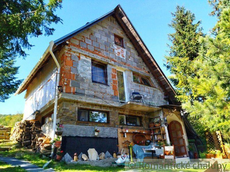 A family house with a sloped roof, surrounded by trees and decorations in the yard.