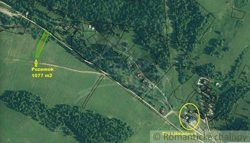Aerial view of a 1077 m² plot next to a forest and garden in the village of Litmanová.