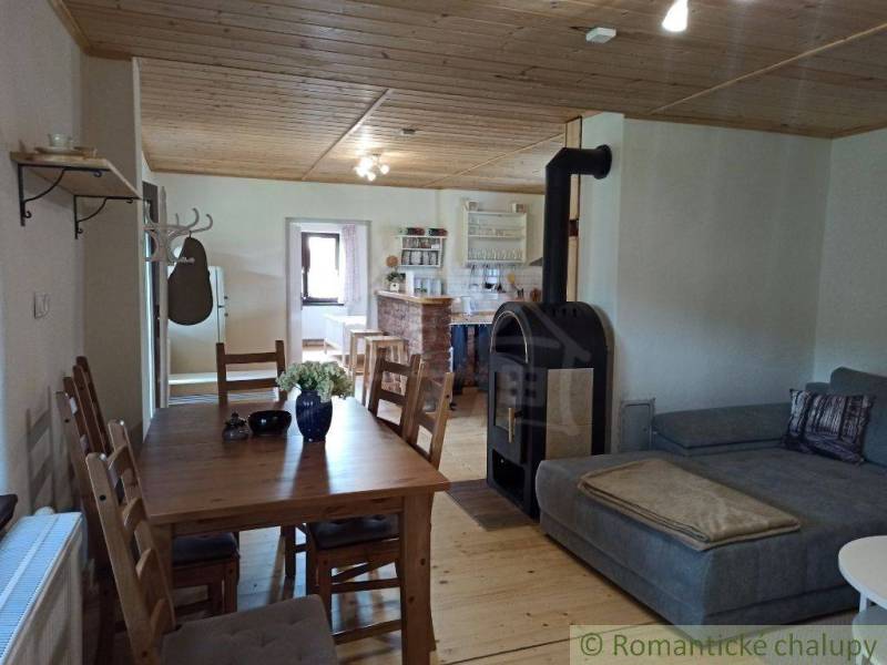 The cabin has wooden furniture, a fireplace, and a comfortable sofa in a cozy room.
