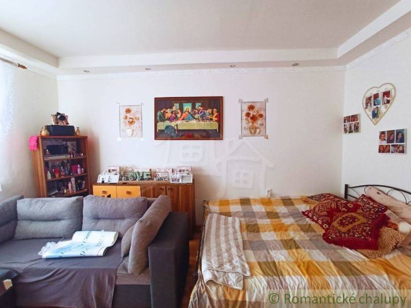 Interior of a family house, a cozy room with a sofa, bed, and decorations on the walls.