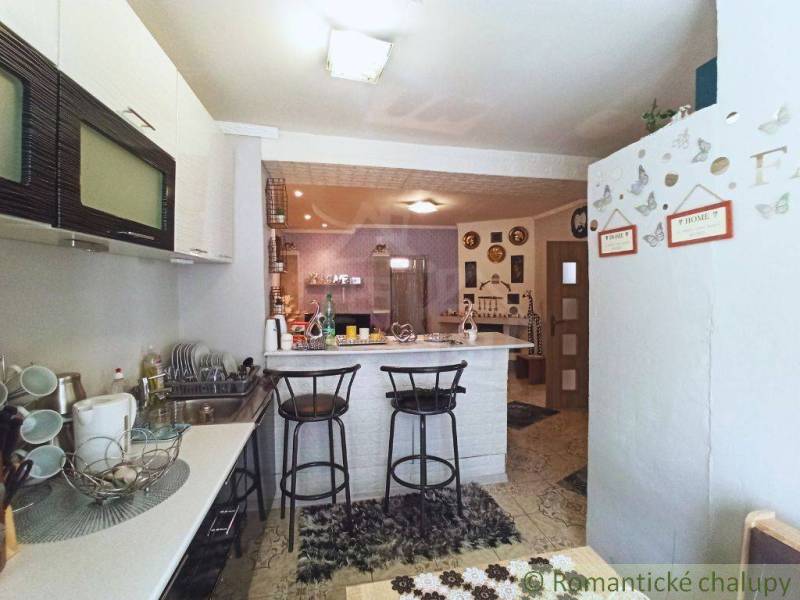 A kitchen with bar stools, a dishwasher, and decorations in a family house.