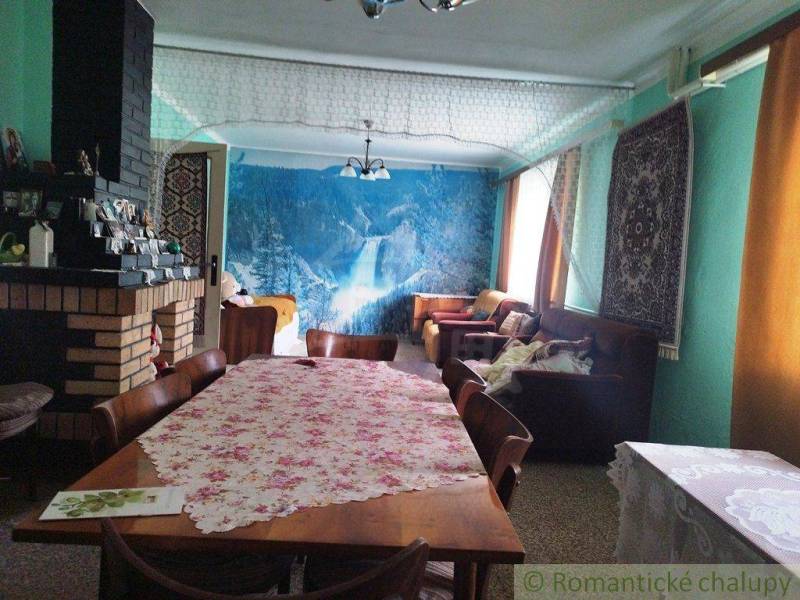 Spacious family house, cozy living room with a table and fireplace, decorated with natural wallpaper.