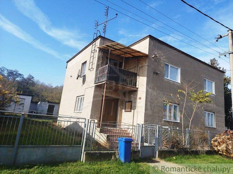 A two-story family house with a balcony, fencing, and a blue waste bin on a grassy plot.