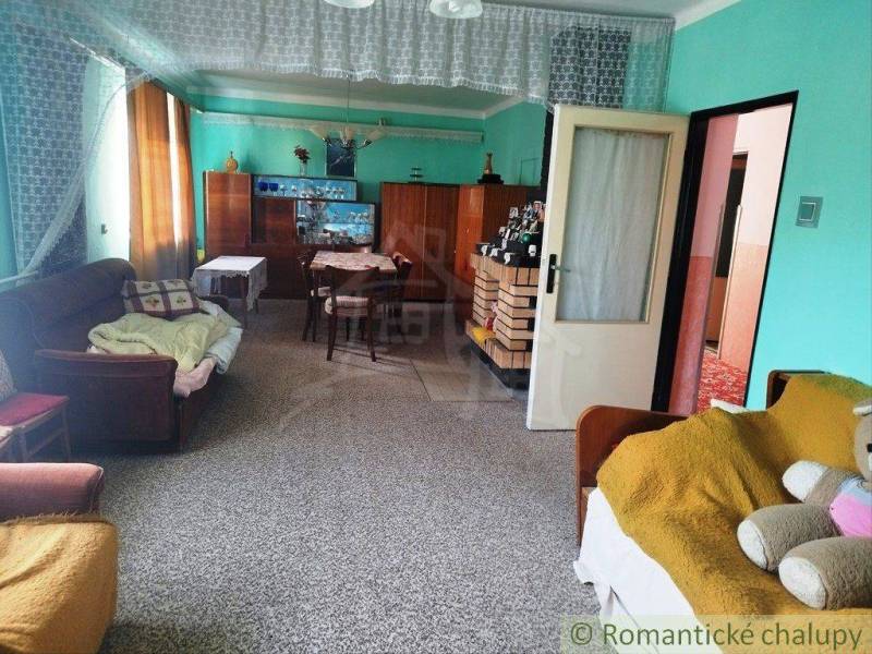 Living room in a family house with sofas, carpet, and furniture.