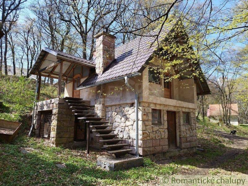 A stone cottage in the forest with an outdoor staircase and seating area, surrounded by trees in spring.