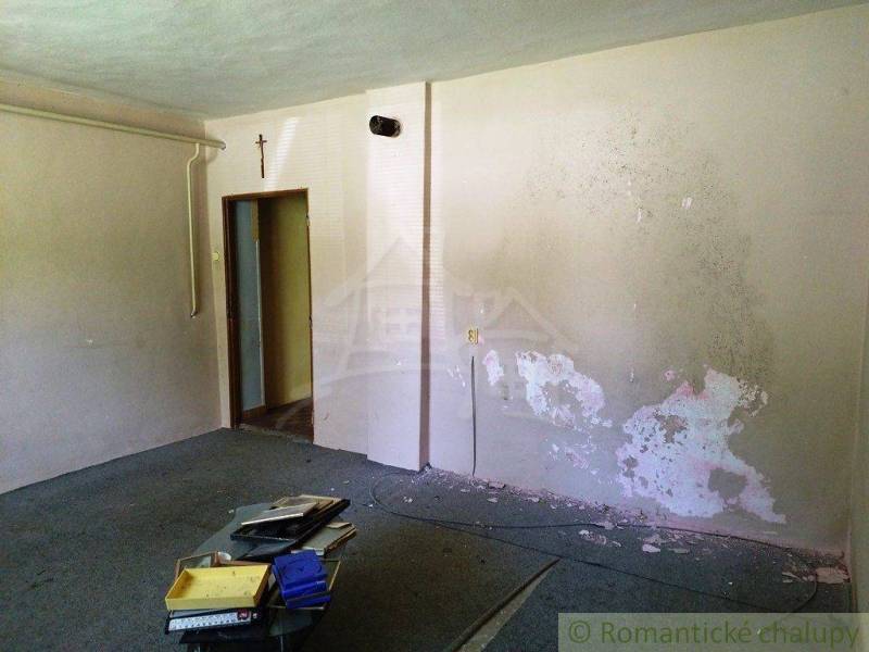 A room with peeling plaster, electrical devices, and a picture of a cottage on the wall.