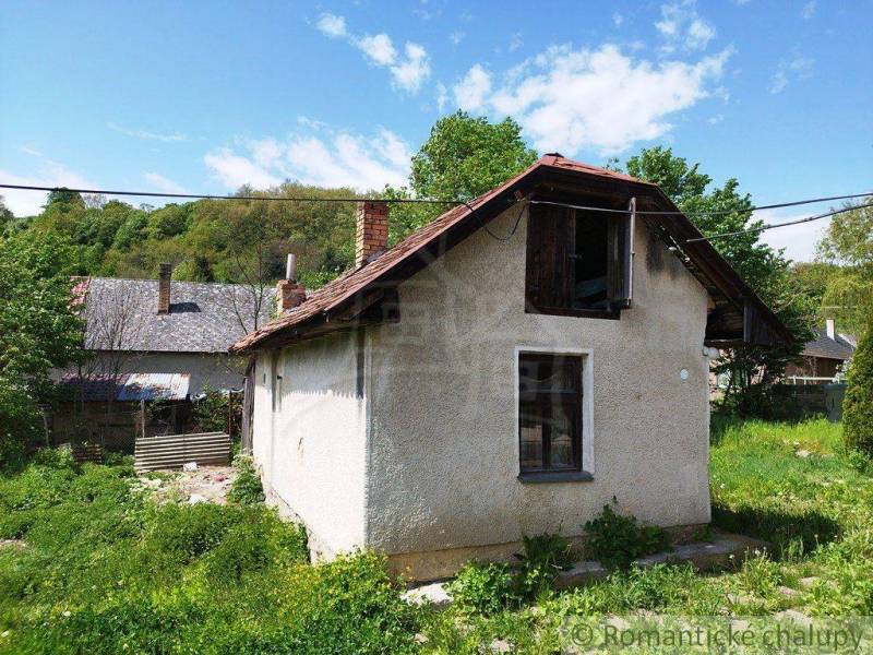 In the picture, there is an old cottage surrounded by nature and greenery, a blue sky, a chimney.