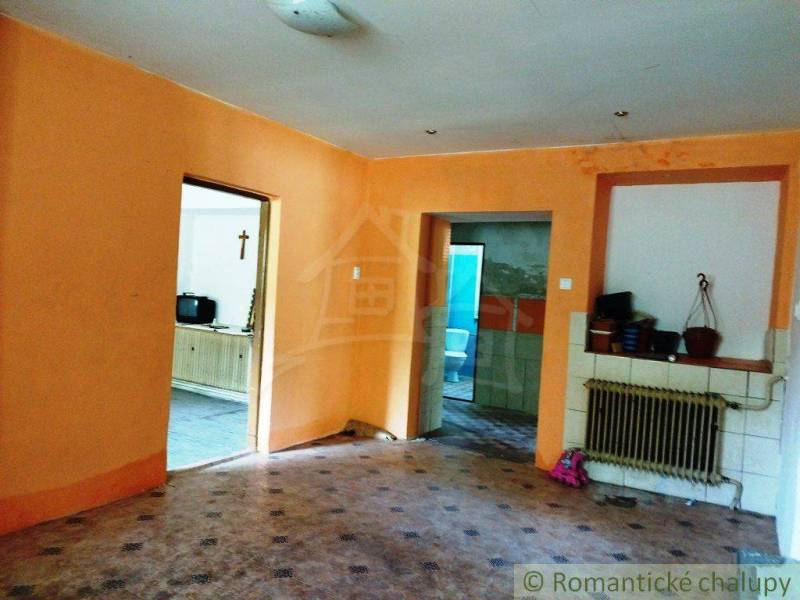 Orange walls in the room, doors leading to the kitchen, a radiator, and a fireplace in the cabin.