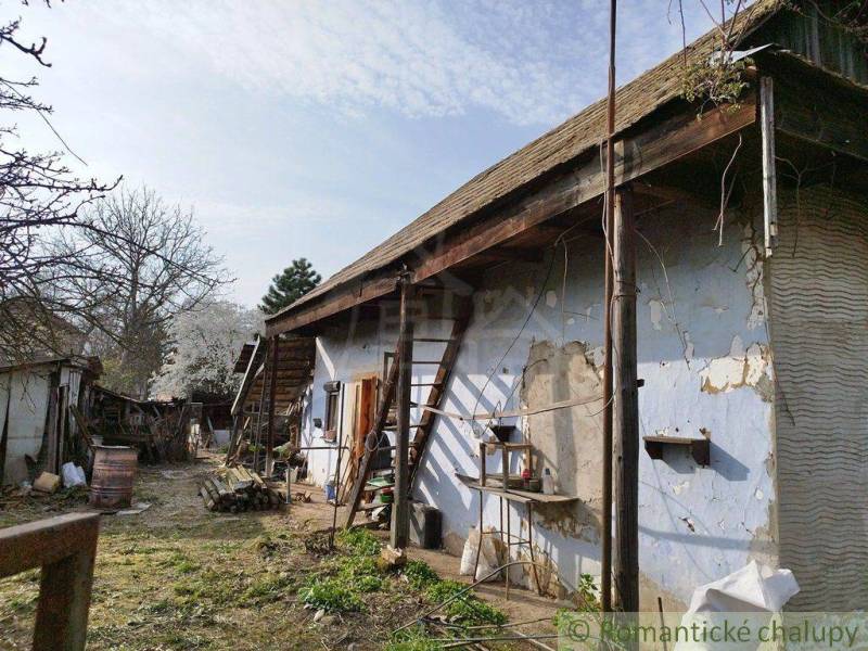 An old cottage with worn plaster and a wooden roof, surrounded by nature.