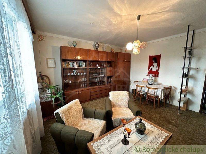 Living room with retro furniture, a sofa set, and a dining table in a family house.