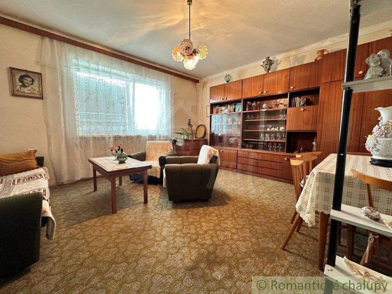 Living room with a wooden wall cabinet, armchairs, and a family house with a carpet.