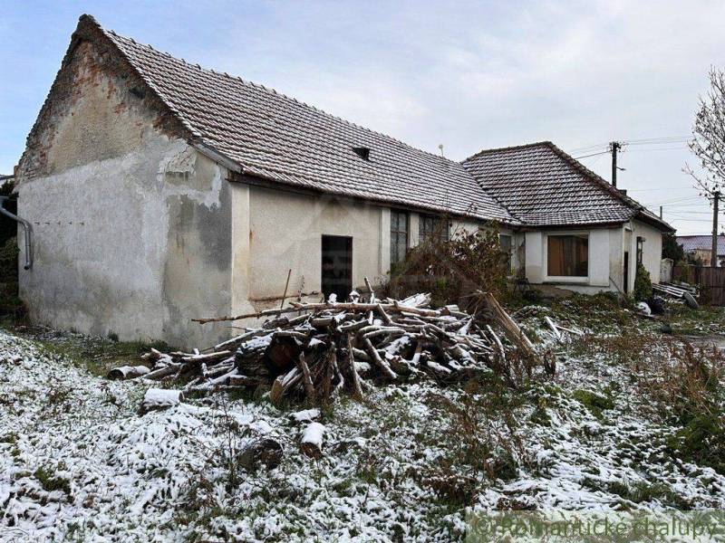 An old family house in the countryside, a snowy yard, a pile of wood, a typical village.