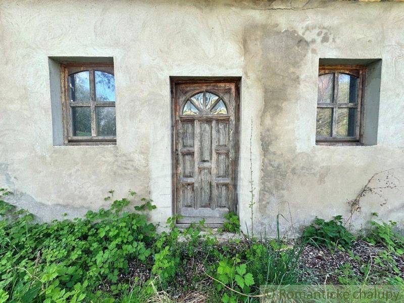 A country cottage with old wooden doors and two windows, surrounded by greenery.