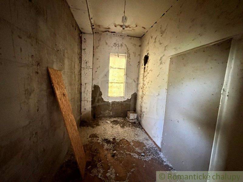 An abandoned room in a cabin, with damaged walls and floor, needs renovation.