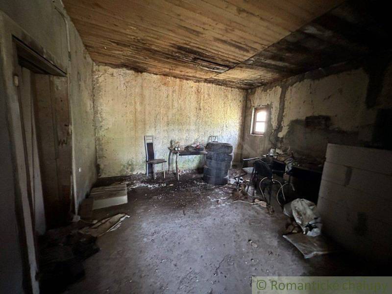 A room in a cottage, retro furniture, chair, table, shells on the walls.