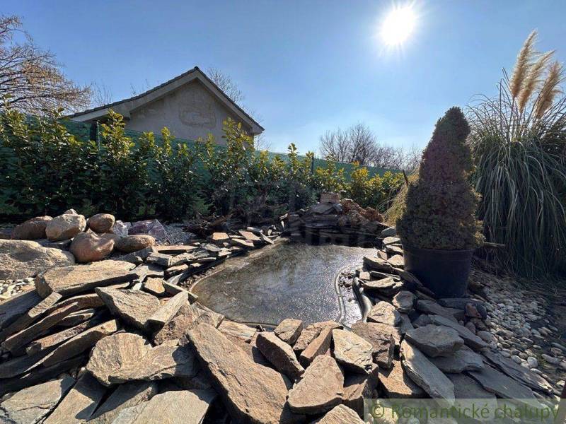In the picture, there is a garden with an ornamental pond surrounded by stones and a family house in the background.