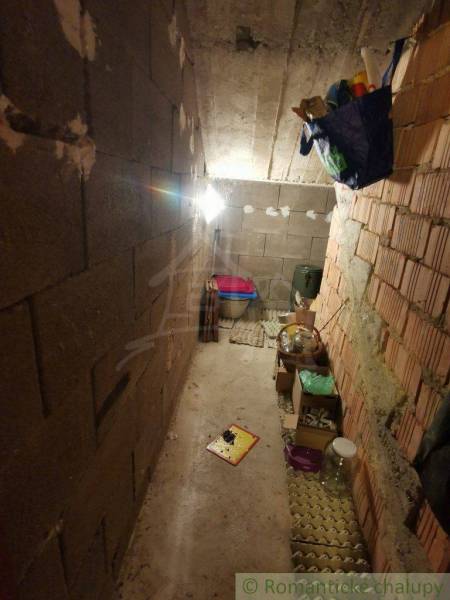 A narrow basement of a family house with cardboard boxes and bottles, concrete and brick walls.
