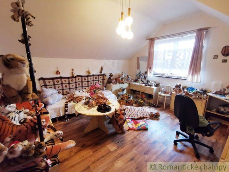 A room in a family house with plush toys, a wooden floor, and a chair by the window.