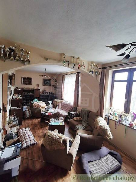 A family house with a living room full of trophies and cozy furnishings on a wooden floor.